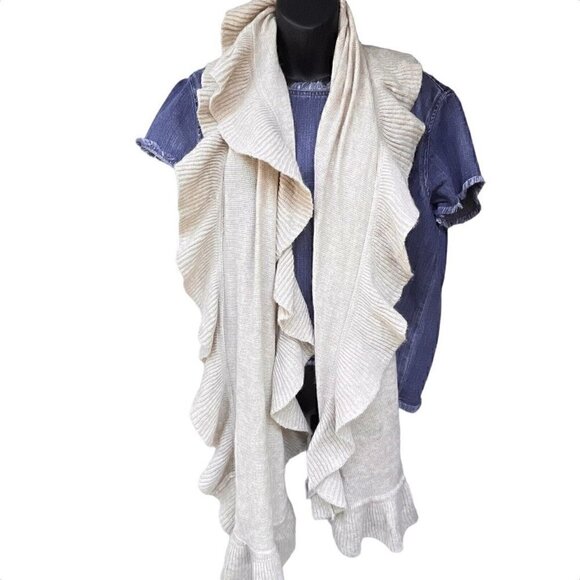 H & M Ruffle Trim Long Wool Blend Knitted Beige Scarf 18”x70” NWT Coastal Snow - Picture 2 of 11